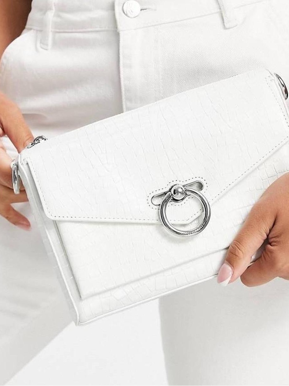 NWT - Rebecca Minkoff White Croc-Embossed Crossbody with Silver Ring closure